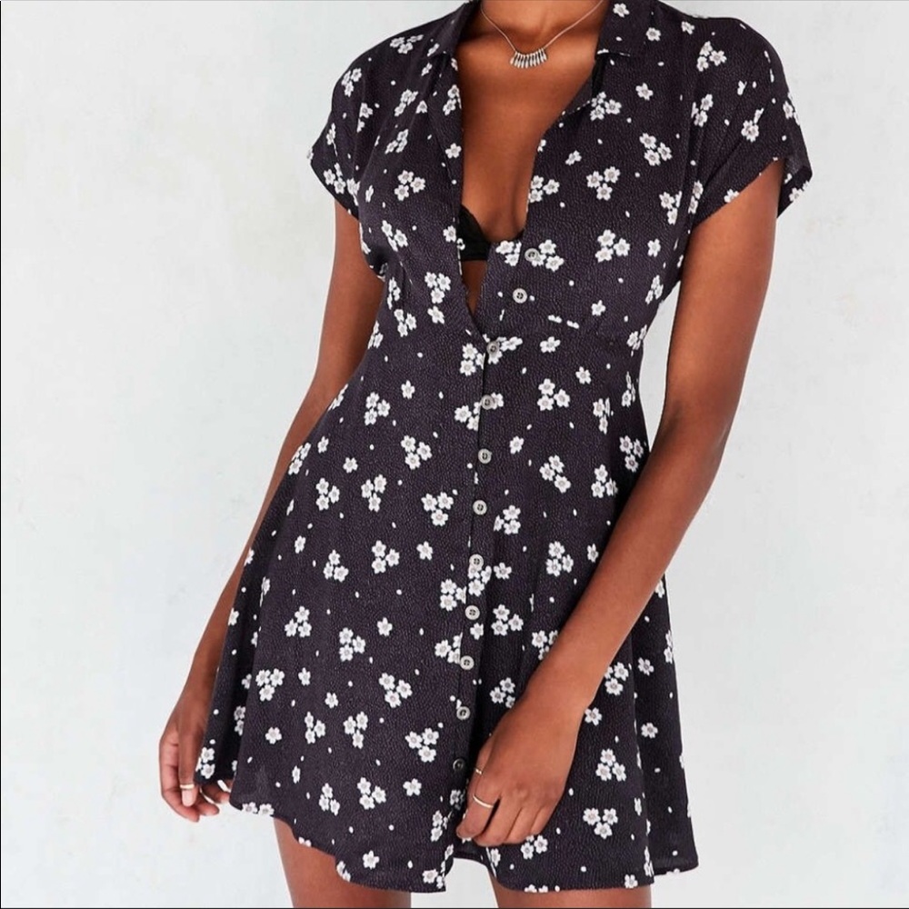 UO Kimchi Blue Lucy Floral Print Mini Shirt Dress